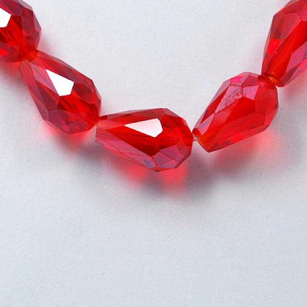 

PandaHall Electroplate Glass Beads Strands, Pearl Luster Plated, Faceted, Drop, Red, 11x8mm, Hole: 1mm, about 57~59pcs/strand, 26.38~26.77...
