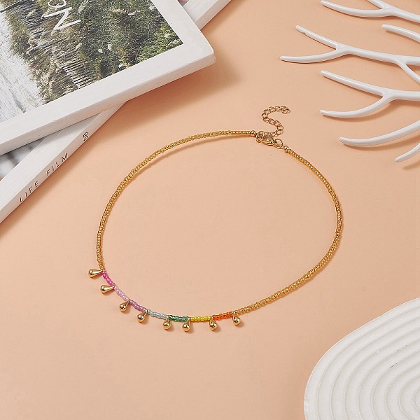

PandaHall Brass Teardrop Pendant Necklace with Glass Seed Beaded for Women, Colorful, 13.98 inch(35.5cm) Glass