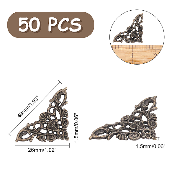 

PandaHall Triangle Alloy Box/Bag Corner Protectors, Antique Bronze, 26x49x1.5mm, Hole: 1.5mm, 50pcs/box Alloy