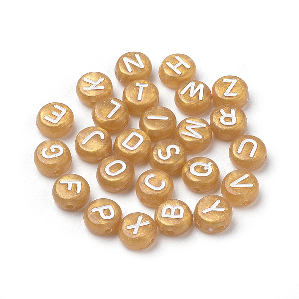 

PandaHall Golden Acrylic Beads, Flat Round with White Letter, 7x4mm, Hole: 1mm Acrylic Flat Round White