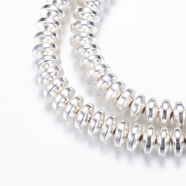 

PandaHall Electroplate Non-magnetic Synthetic Hematite Bead Strands, Rondelle, Silver Plated, 6x3mm, Hole: 1mm, about 125~133pcs/strand...