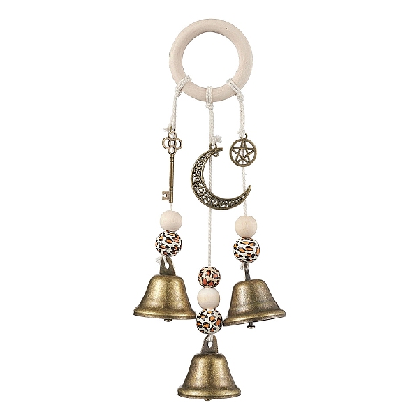 

PandaHall Iron Bell Wind Chimes, Witch Bells for Door Knob, Wood Leopard Print Round Bead & Ring for Home Hanging Ornaments, Antique Bronze...