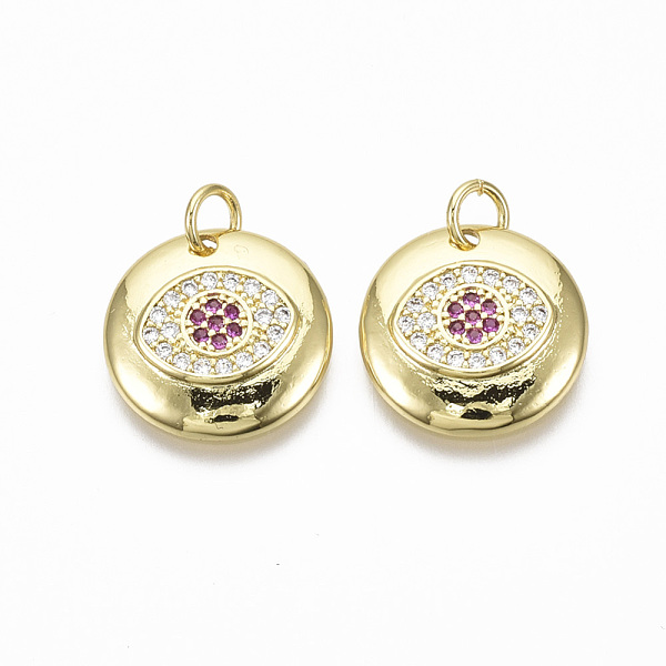 

PandaHall Brass Micro Pave Cubic Zirconia Pendants, with Jump Ring, Nickel Free, Flat Round, Colorful, Real 18K Gold Plated, Camellia..., Pink
