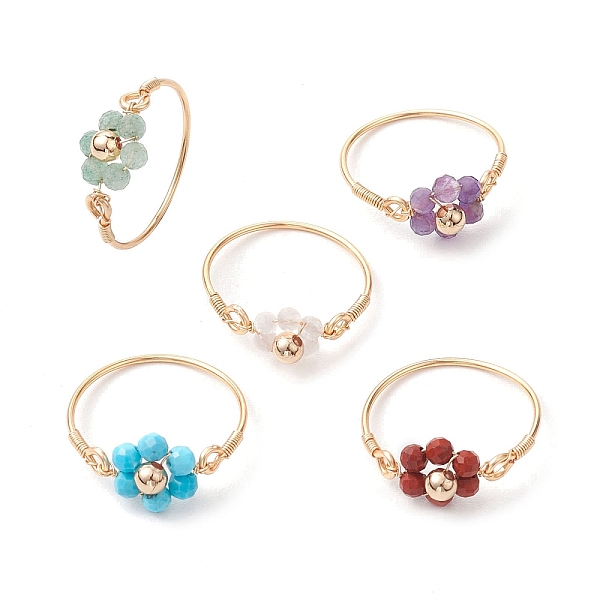 

PandaHall Flower Natural Gemstone Ring, Copper Wire Wrapped Ring for Women, Golden, Inner Diameter: 19~19.5mm Mixed Stone Flower