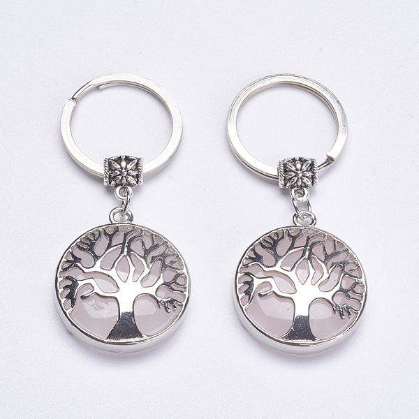 

PandaHall Natural Rose Quartz Keychain, with Brass Finding, Flat Round with Tree of Life, 64mm Rose Quartz Flat Round Multicolor