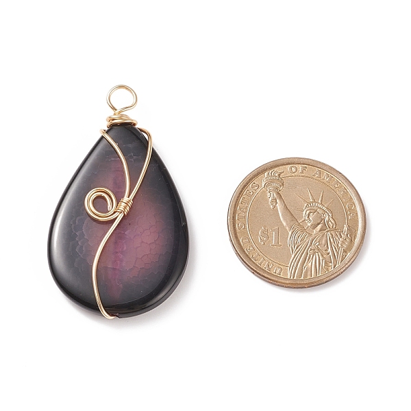 

PandaHall Natural Crackle Agate Pendants, Golden Tone Copper Wire Wrapped Teardrop Charms, Dark Orchid, 48x27x6.5mm, Hole: 4.5mm Crackle...