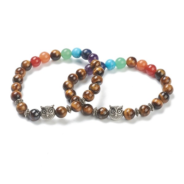 

PandaHall Chakra Jewelry, Round Natural Tiger Eye & Gemstone Stretch Beaded Bracelets, with Alloy Owl Beads, Antique Silver, Inner Diameter...