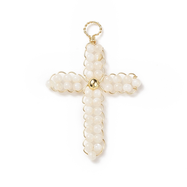 

PandaHall Natural Freshwater Shell Round Beads Woven Pendants, with Eco-Friendly Light Gold Tone Copper Wire Wrapped, Dyed, Cross Charm...