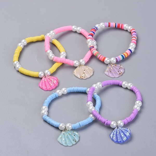 

PandaHall Handmade Polymer Clay Heishi Beads Kids Stretch Bracelets, with Glass Pearl and Resin Paillette Pendants, Shell, Mixed Color..., Multicolor