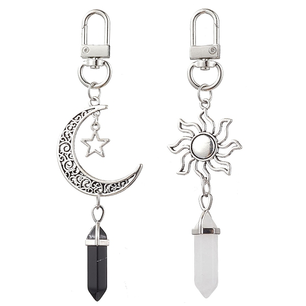 

PandaHall Natural White Jade and Obsidian Pendant Decorations, with Alloy Findings, Sun and Moon, 113~118mm, 2pcs/set Alloy Moon