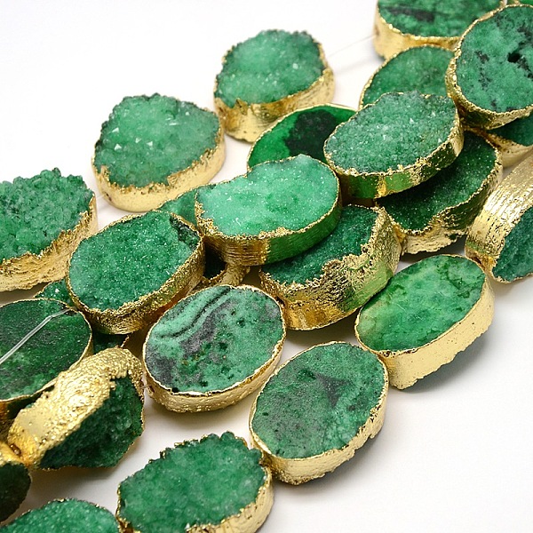 Golden Plated Dyed Oval Natural Druzy Quartz Crystal Beads Strands