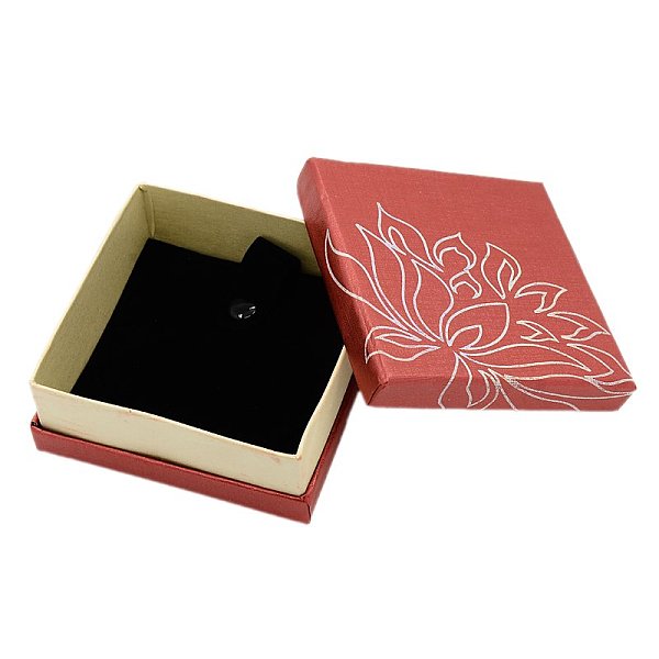 PandaHall Square Shaped Cardboard Bracelet Bangle Boxes for Gifts Wrapping, with Flower Lotus Design, Red, 88x88x36mm Paper Square Red
