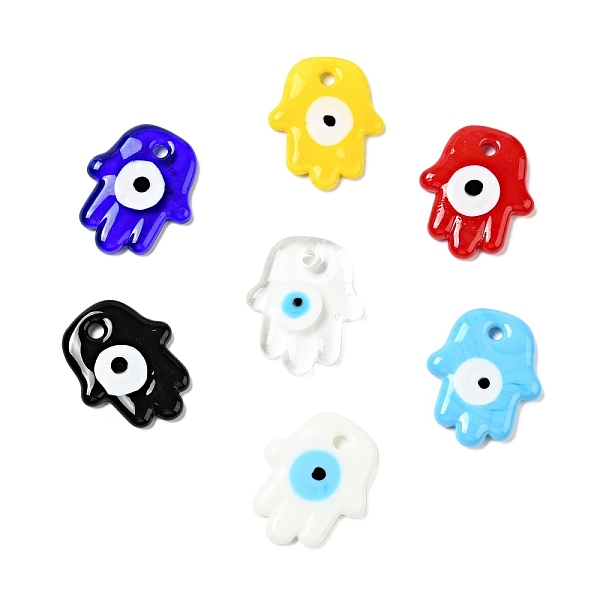 

PandaHall Handmade Lampwork Pendants, Hamsa Hand/Hand of Miriam with Evil Eye, Mixed Color, 34.5~35x28.5~29x4.5~5mm, Hole: 3.5mm Lampwork..., Multicolor