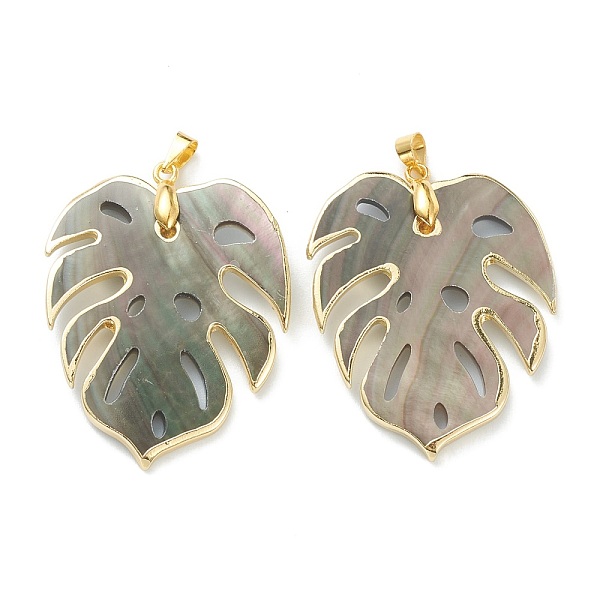 

PandaHall Natural Black Lip Shell Pendants, with Golden Plated Brass Findings, Leaf, 42x32x1.8mm, Hole: 4x3.5mm Black Lip Shell Leaf