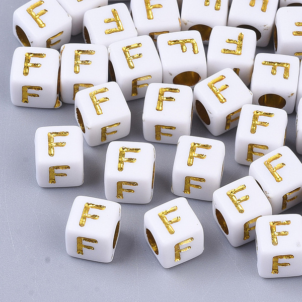 

PandaHall Plating Acrylic Beads, Horizontal Hole, Golden Metal Enlaced, Alphabet Style, Cube, Letter.F, 5.5~6x5.5~6x5.5~6mm, Hole: 3.5mm..., Gold