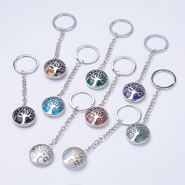 

PandaHall Natural/Synthetic Mixed Stone Keychain, with Iron Key Rings, Iron Chain and Brass Finding, Flat Round with Tree of Life, 100~120mm...