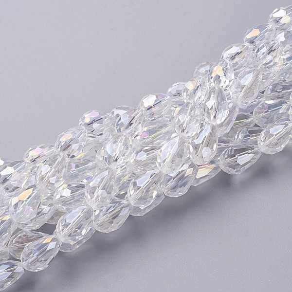 

PandaHall Glass Beads Strands, Faceted Teardrop, Clear AB, AB Color Plated, about 10mm wide, 15mm long, hole: 1.5mm, about 48pcs/strand, 27..., White