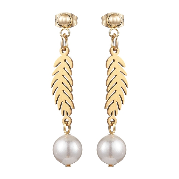 

PandaHall 304 Stainless Steel Leaf Dangle Stud Earrings, with Shell Pearl, Golden, 41x8mm 304 Stainless Steel Leaf White
