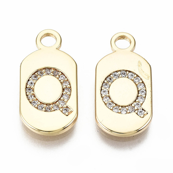 

PandaHall Brass Micro Pave Clear Cubic Zirconia Pendants, Nickel Free, Real 18K Gold Plated, Oval with Word, Letter.Q, 16x7.5x1.5mm, Hole...