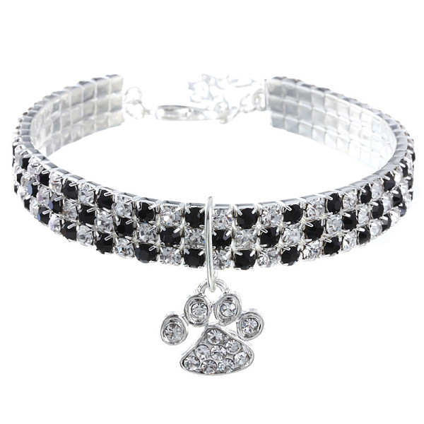 

PandaHall Adjustable 3-Row Brass Crystal Rhinestone Cup Chain Pet Collars, Slider Paw Print Pendant Cat Dog Choker Necklace, Jet, 200mm..., Black