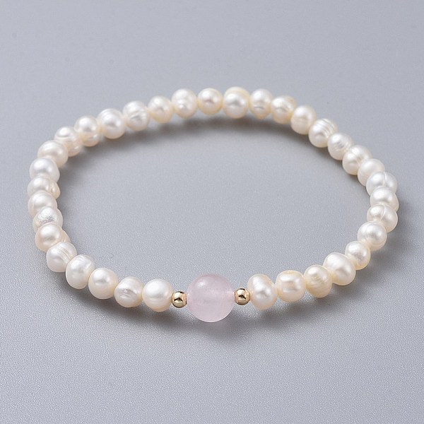

PandaHall Stretch Grade A Natural Freshwater Pearl Bracelets, with Natural Rose Quartz Beads and Brass Beads, 2 inch(5.1cm) Rose Quartz