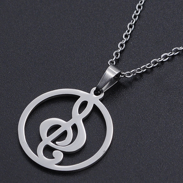 PandaHall 201 Stainless Steel Pendant Necklaces, with Cable Chains and Lobster Claw Clasps, Ring with Music Note, Stainless Steel Color...