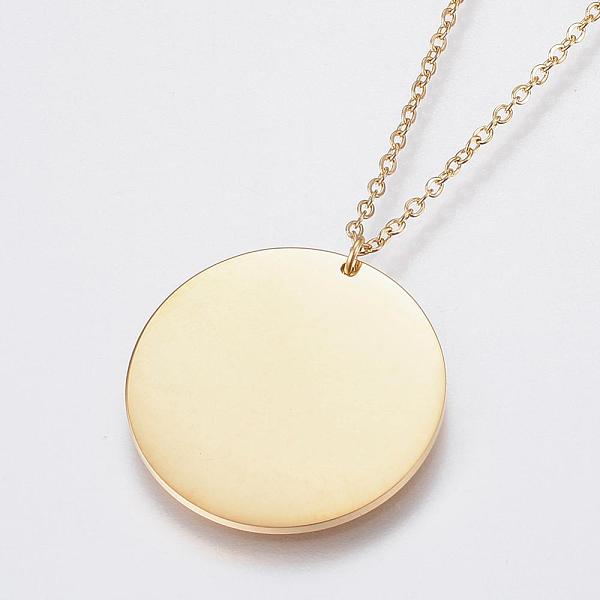

PandaHall 304 Stainless Steel Pendant Necklaces, with Lobster Clasps, Flat Round, Golden, 15.75 inch(40cm), 1.2mm, Pendant: 21x1mm 304...
