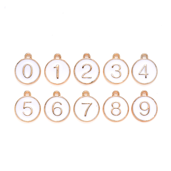 

PandaHall Light Gold Plated Alloy Enamel Charms, Enamelled Sequins, Flat Round with Number, Number 0~9, White, 14.5x12x2.5mm, Hole: 1.4mm...