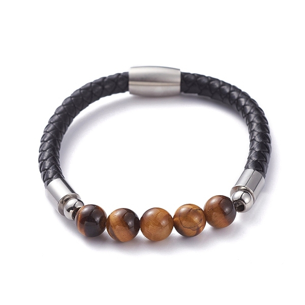 

PandaHall Unisex Leather Cord Bracelets, with Natural Tiger Eye Round Beads, 304 Stainless Steel Magnetic Clasps and Rondelle Beads, with...