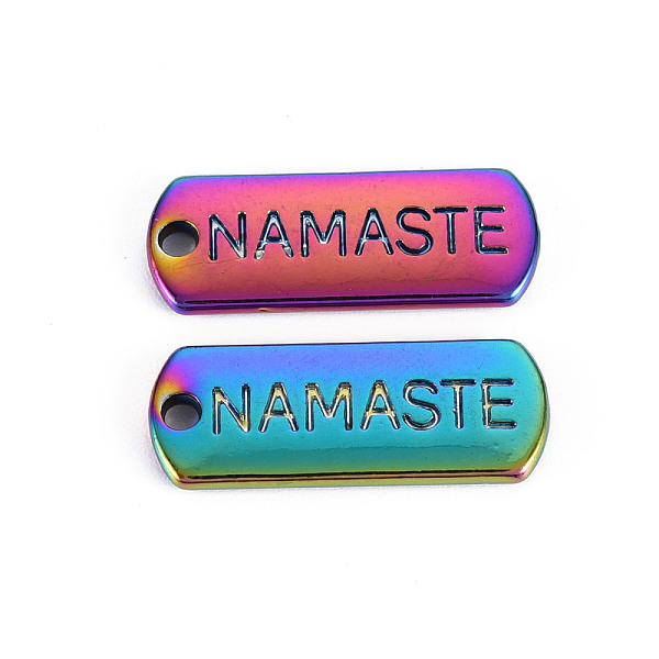 

PandaHall Rainbow Color Alloy Charms, Cadmium Free & Nickel Free & Lead Free, Oval with Namaste, 21x8x1.8mm, Hole: 1.6mm Alloy Oval