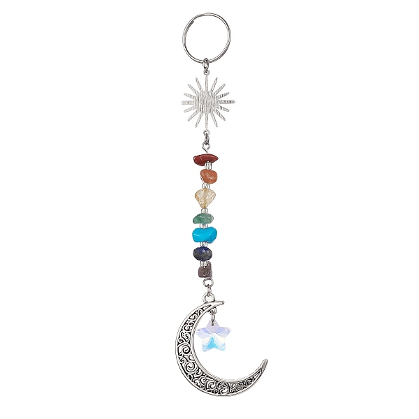 

PandaHall Tibetan Style Alloy Keychains, with Chakra Gemstone Chips and 304 Stainless Steel Split Key Rings, Moon, 149mm Alloy Moon