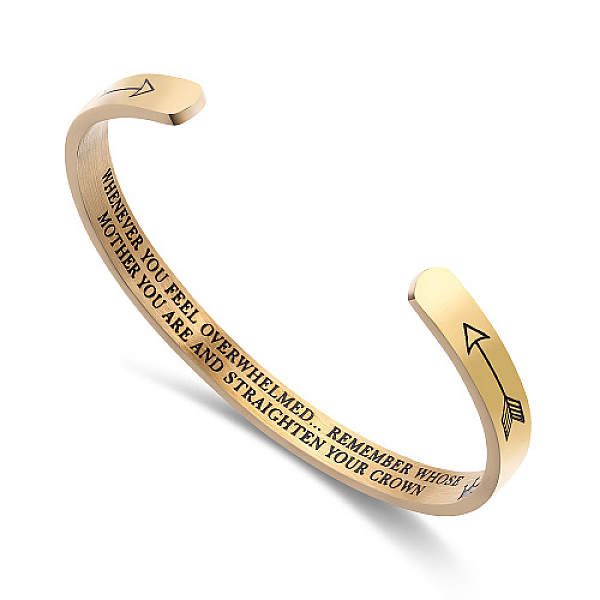 

PandaHall Stainless Steel Cuff Bangle, Arrow with Word Pattern, Golden, Inner Diameter: 2-1/2 inch(6.2cm) Stainless Steel