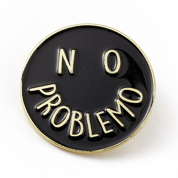 PandaHall Black Flat Round Enamel Pin, Gold Plated Alloy Lapel Pin Brooch for Backpack Clothes, Word, 30x1.6mm Alloy+Enamel Word Black