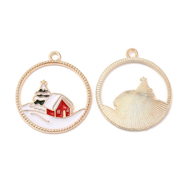 PandaHall Christmas Zinc Alloy Enamel Pendants, Light Gold, Ring Charm, House, 28x25x1.5mm, Hole: 2mm Alloy+Enamel House