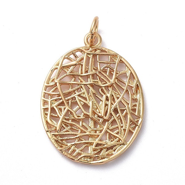 PandaHall Brass Filigree Pendants, Hollow, Long-Lasting Plated, Oval, Real 18K Gold Plated, 23.5x17.9x2mm, Hole: 3.5mm Brass Oval