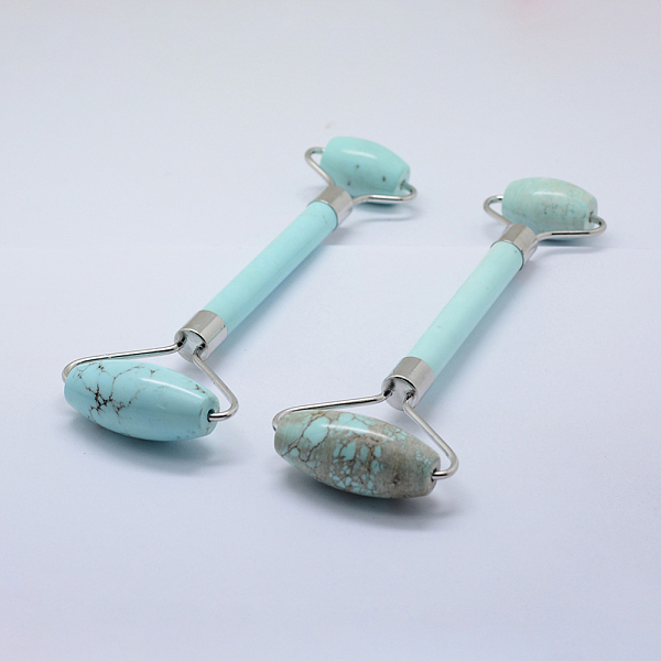 PandaHall Synthetic Turquoise Massage Tools, Facial Rollers, with Alloy Findings, 14.5~15.5x5.1~5.5x1.8~2cm Synthetic Turquoise Others