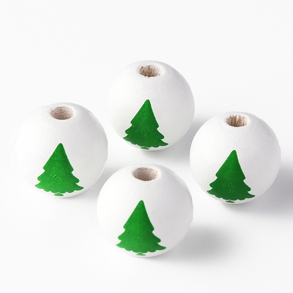 

PandaHall Painted Natural Wood Beads, Round with Christmas Tree, Green, 16x15mm, Hole: 4mm Schima Wood Round Green