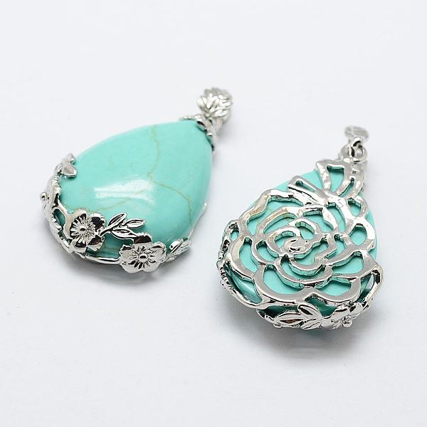 

PandaHall Synthetic Turquoise Pendants, with Brass Findings, teardrop, Platinum, 40.5x27x8.5mm, Hole: 4x6.5mm Synthetic Turquoise Teardrop