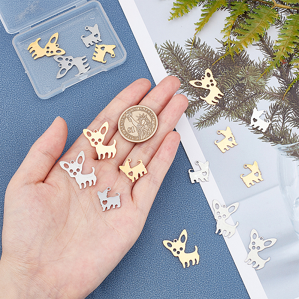 

PandaHall Unicraftale 201 Stainless Steel Pendants, Dog, Golden & Stainless Steel Color, 25x20x1mm, Hole: 1.5mm, 14x15x1mm, Hole: 1.4mm...