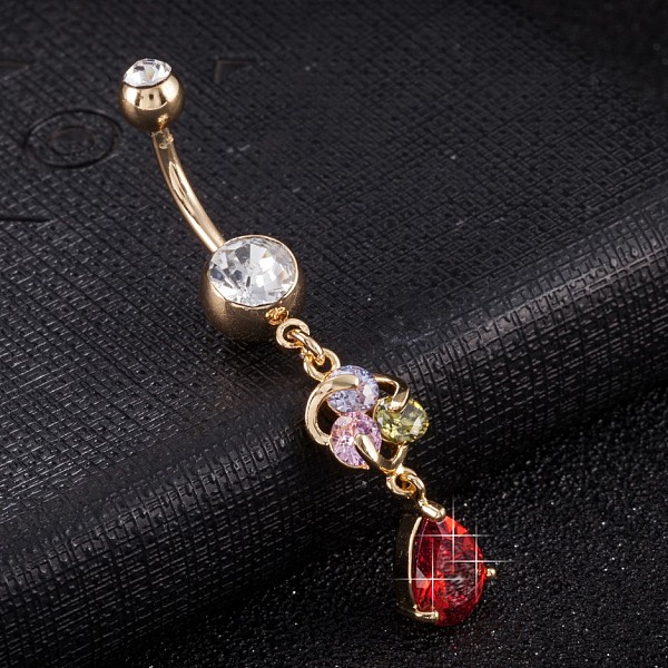 

PandaHall Piercing Jewelry, Brass Cubic Zirconia Navel Ring, Belly Rings, with 304 Stainless Steel Bar, Cadmium Free & Lead Free, Real 18K..., Red