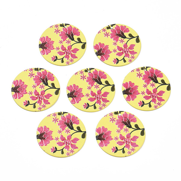 

PandaHall Spray Painted Iron Pendants, Rubberized Style, 3D Printed, Flower Print Pattern, Flat Round, Yellow, 25.5x0.8mm, Hole: 1.2mm Iron...