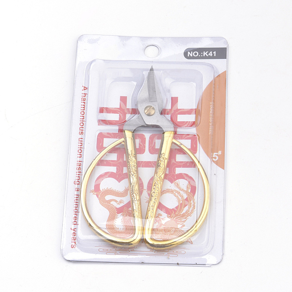 

PandaHall 2cr13 Stainless Steel Scissors, Embossed with Dragon and Phoenix Pattern, Gold, 125x83x9mm, Box: 16x10x1cm Stainless Steel Gold