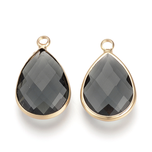 

PandaHall Glass Pendants, with Brass Findings, Faceted, Drop, Light Gold, Gray, 18x10.5x4.5mm, Hole: 1.8~2.3mm Brass+Glass Teardrop Gray
