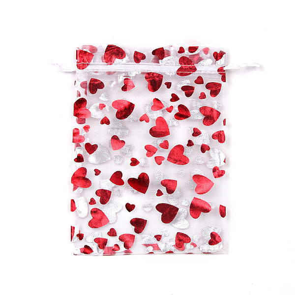 

PandaHall Rectangle Printed Organza Drawstring Bags, FirBrick Heart Pattern, White, 12x9cm Organza Heart White