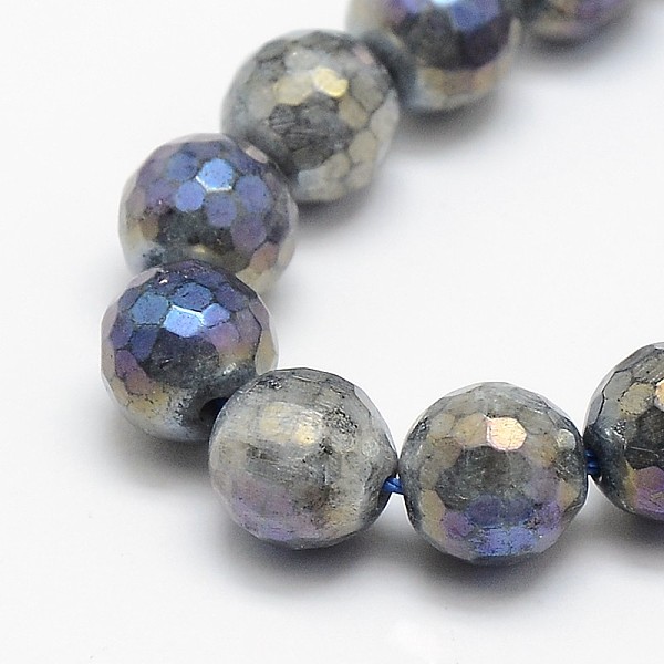 PandaHall Electroplate Natural Labradorite Beads Strands, Round, Faceted, 4mm, Hole: 1mm, about 95pcs/strand, 15.5 inch Labradorite Round