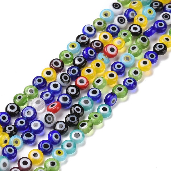 

PandaHall Handmade Lampwork Beads, Flat Round with Evil Eye, Mixed Color, 4.5x2.5mm, Hole: 0.6mm, about 90~100pcs/strand, 15.35''~15.75''..., Multicolor