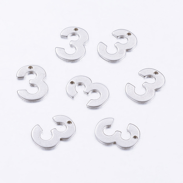 PandaHall 304 Stainless Steel Pendants, Number, Num.3, 11x8x0.7mm, Hole: 0.5mm 304 Stainless Steel Number