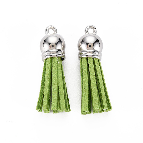 

PandaHall Faux Suede Tassel Pendant Decorations, with CCB Plastic Cord Ends, Platinum, Yellow Green, 33~35x10mm, Hole: 2.5mm Faux Suede