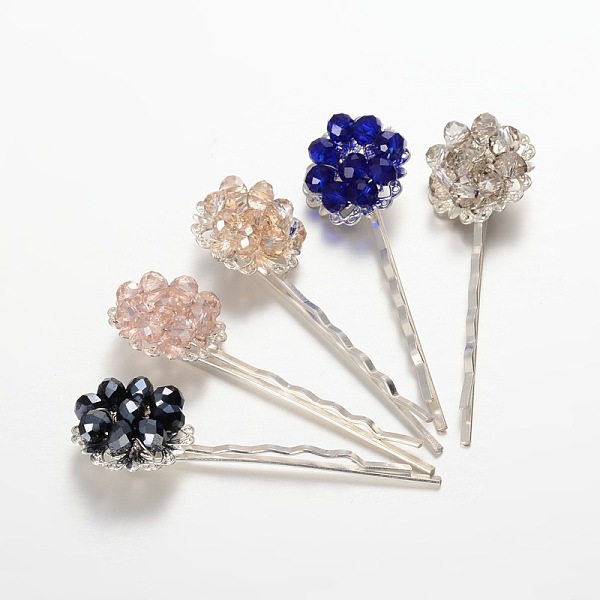 

PandaHall Brass Electroplate Glass Bead Flower Hair Bobby Pins, with Iron Findings, Silver Color Plated, Mixed Color, 63mm Glass Multicolor