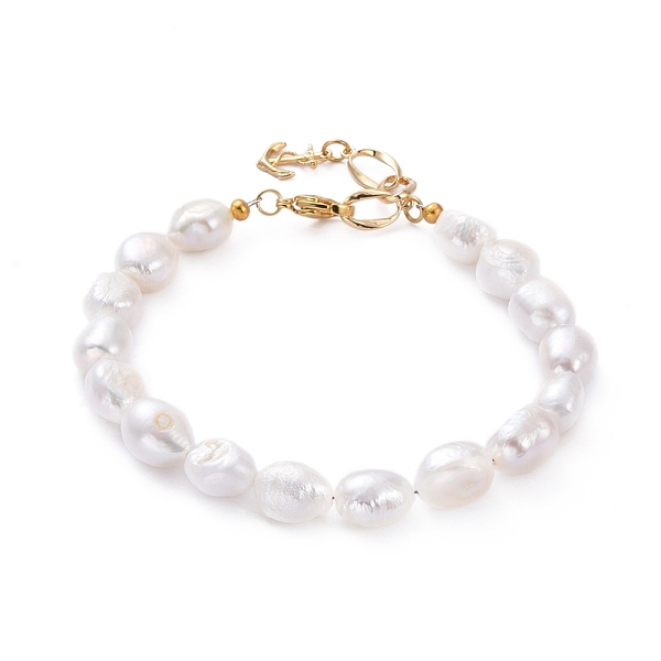 

PandaHall Natural Baroque Pearl Keshi Pearl Beaded Bracelets, with 304 Stainless Steel Lobster Claw Clasps, Brass Twist Links & Anchor..., White